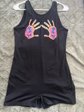 Black Sleeveless Romper with Neon Handprint Detail
